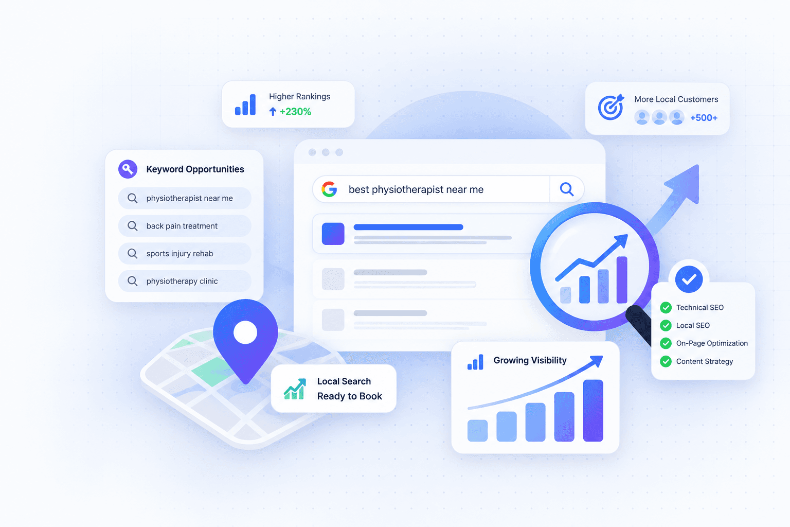Search Intelligence illustration: a magnifying glass over search results with a local map pin and a rising visibility trend