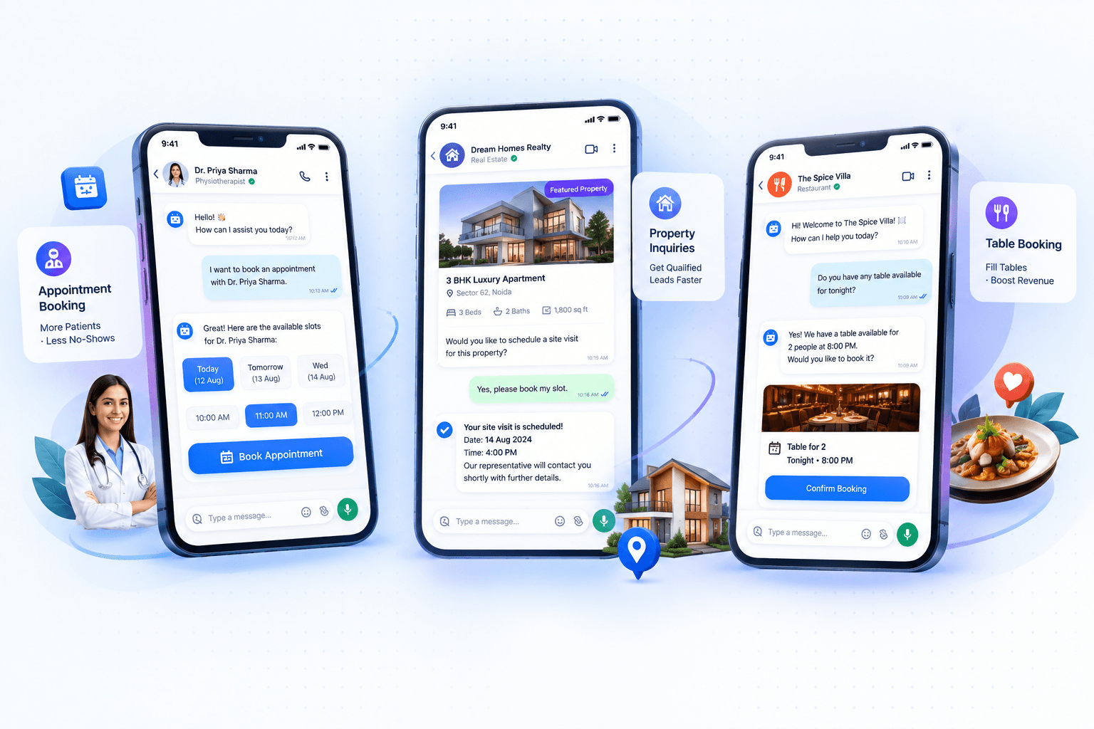 Conversation Automation illustration: a WhatsApp-style chat with instant replies, qualification tags and a human handoff card